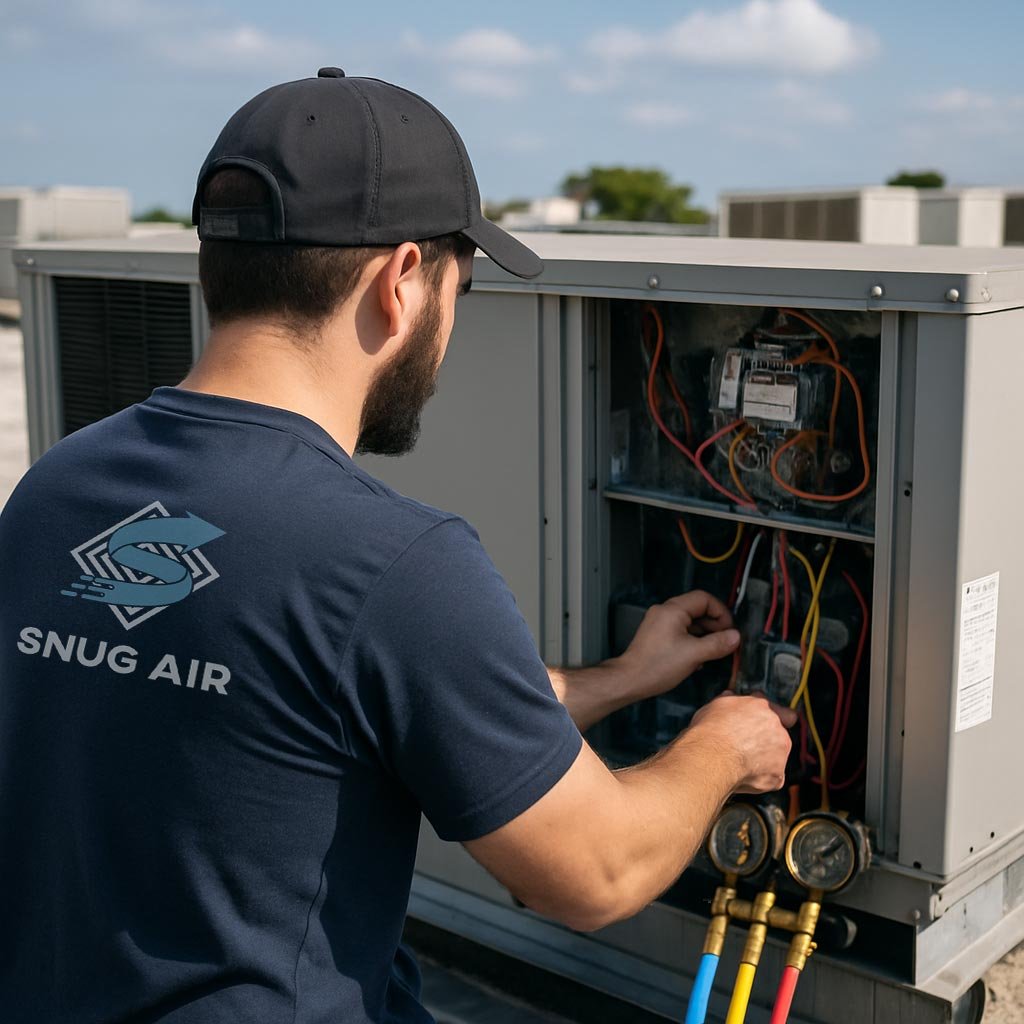 commercial-hvac-service Technician servicing commercial HVAC unit on a rooftop, wearing a Snug Air shirt.
